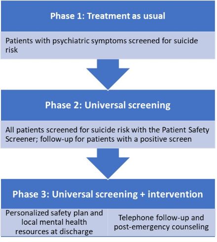 Phase 1: Patients with psychiatric symptoms screened for suicide risk; Phase 2: All patients screened for suicide risk with the Patient Safety Screener; follow-up for patients with a positive screen; Phase 3: Personalized safety plan and local mental health resources at discharge and Telephone follow-up and post-emergency counseling.