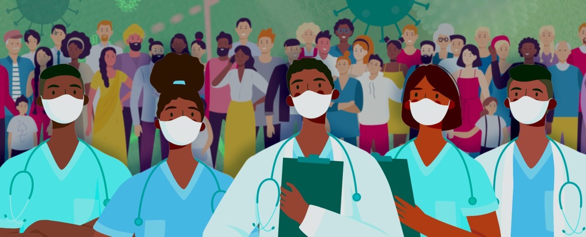 Illustration showing medical workers in masks standing in front of a diverse group of people.