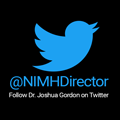 Twitter bird logo over "@NIMHDirector" next to laptop displaying the directors new twitter page.