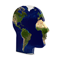 profile of a human head with Earth features superimposed upon it